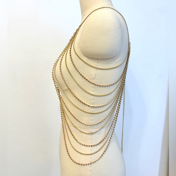 ALTEREDREAMS Gold Rhinestone Body Chain Top | Festival Rave Harness | Statement - Picture 6 of 9